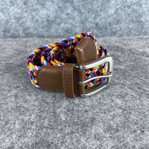 Woven Rainbow Multicolor Elastic Braided Belt Silver Buckle Brown Leather Trim - Picture 2 of 13